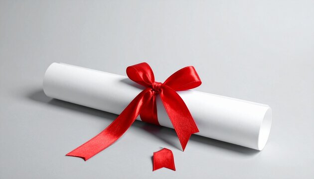 A rolled white diploma tied with a red ribbon on a light gray background.