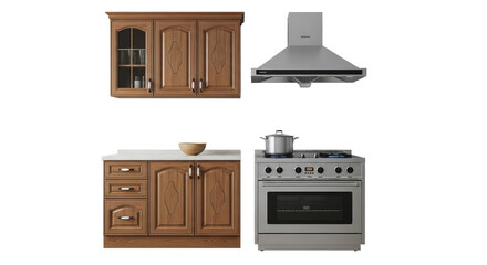 Isolated kitchen furniture set with cabinets, oven, and range hood for home furnishing