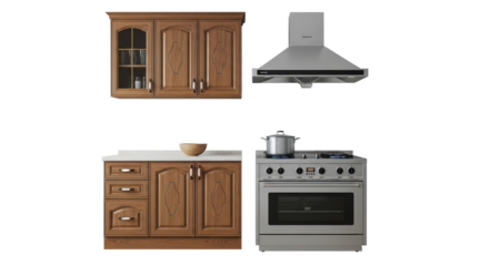 Isolated kitchen furniture set with cabinets, oven, and range hood for home furnishing