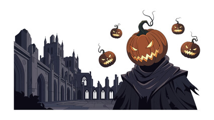 Eerie Halloween Scene: A sinister figure with a jack-o'-lantern head haunts a gothic, ruined structure, complemented by floating jack-o'-lanterns, creating a chilling ambiance.