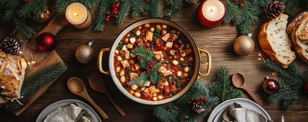 A festive Christmas table with a traditional stew filled with beans, tofu, vegetables and winter herbs, surrounded by holiday decorations and candles.