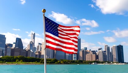 Waving US flag in front of city skyline with blue waters and a bright sky