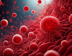 a highly detailed microscopic digital visualization of red viral particles and bacteria floating in a deep red biological fluid