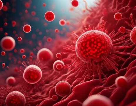 a highly detailed microscopic digital visualization of red viral particles and bacteria floating in a deep red biological fluid