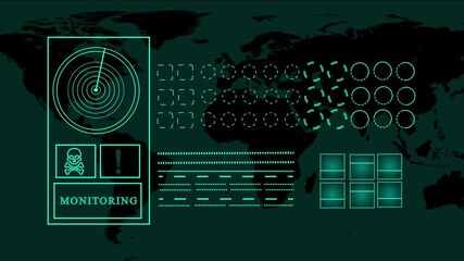 Animated monitoring interface with a world map backdrop, showcasing a radar display, data panels, and security notifications for tracking global events and potential risks. - Powered by Adobe