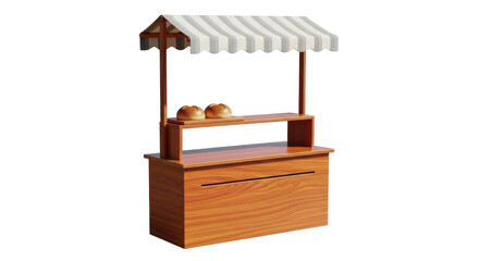 Isolated Food Market Stand with Striped Awning Display and Breads for Sale, No Background