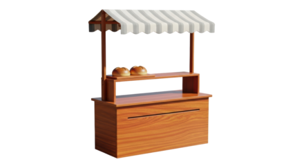 Isolated Food Market Stand with Striped Awning Display and Breads for Sale, No Background