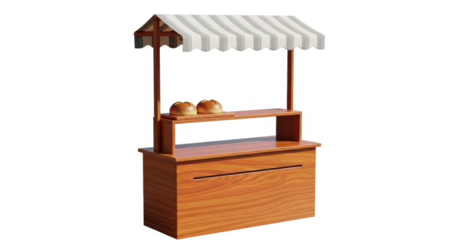 Isolated Food Market Stand with Striped Awning Display and Breads for Sale, No Background
