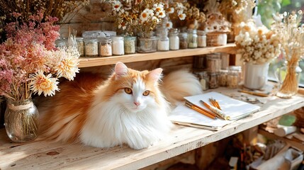 Fluffy orange and white long haired cat resting gracefully on rustic wooden desk surrounded by dried flowers, glass jars, and natural sunlight indoors