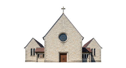 Isolated church building with cross on roof, sandstone structure on no background for design