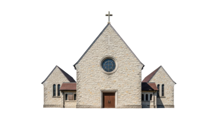 Isolated church building with cross on roof, sandstone structure on no background for design