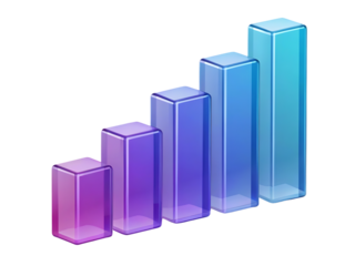 Growing bar chart transparent glass effect white background, isolated on transparent background