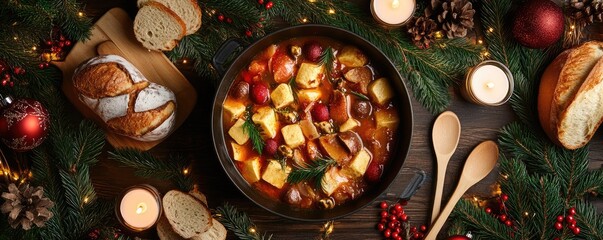 A festive Christmas table with a traditional stew filled with beans, tofu, vegetables and winter herbs, surrounded by holiday decorations and candles.