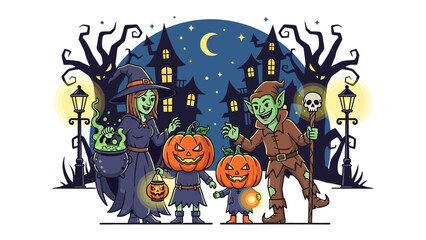 Spooky Halloween Family: A whimsical Halloween illustration features a cheerful witch, a mischievous goblin, and two children in pumpkin costumes, all under the eerie glow of a moonlit sky.