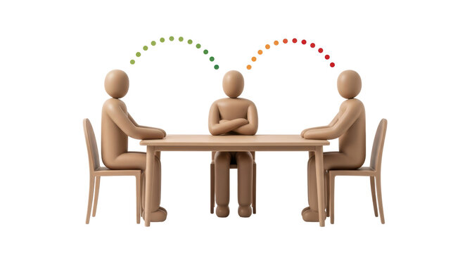 Isolated dummies meeting at table with color-coded interactions and mood indicators overhead