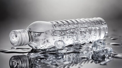 Clear plastic water bottle with ice, reflections