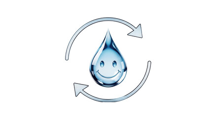 Isolated blue water drop with arrows, smile, concept of water recycling or conservation