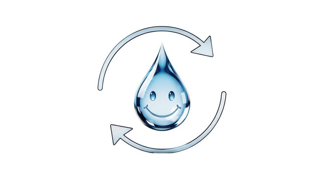 Isolated blue water drop with arrows, smile, concept of water recycling or conservation