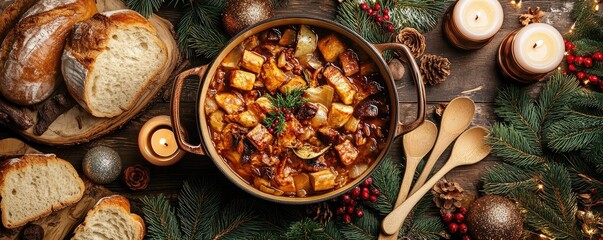 A festive Christmas table with a traditional stew filled with beans, tofu, vegetables and winter herbs, surrounded by holiday decorations and candles.
