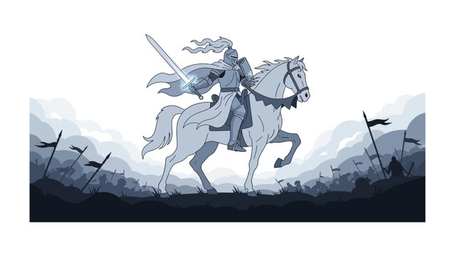 Knightly Journey: A brave knight, clad in shining armor, rides a valiant steed, sword in hand, embarking on a noble quest with flags waving high.