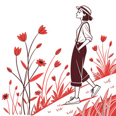 Young woman in a hat and suspenders walking through a field of red flowers and grass