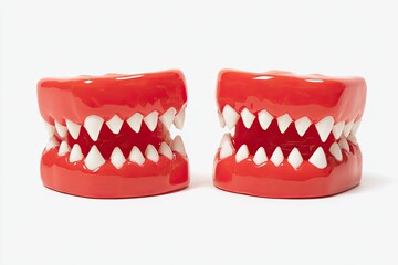 Obraz premium Two red plastic toy jaw sets with sharp teeth
