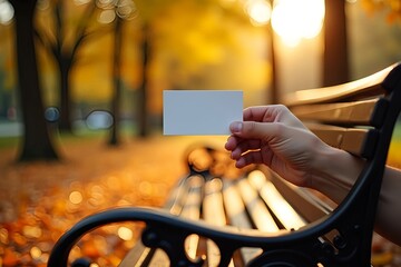 Person holding a blank card on a park bench amidst colorful autumn foliage and warm sunlight