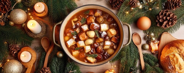 A festive Christmas table with a traditional stew filled with beans, tofu, vegetables and winter herbs, surrounded by holiday decorations and candles.