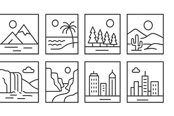 Minimal landscapes line icon set featuring mountains, beaches, forests, deserts, waterfalls, canyons, and urban cityscapes in clean thin linear style