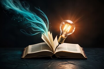 Illuminated book of knowledge inspires bright ideas and creative energy flowing outward