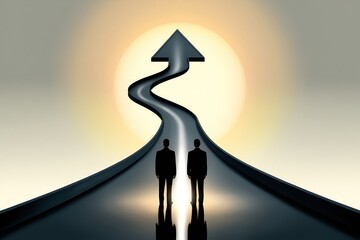 Two silhouetted figures stand at the beginning of a winding path leading towards an upward arrow symbolizing future success