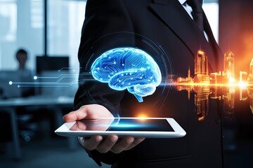Businessman holding a tablet displaying a glowing blue digital brain symbolizing artificial intelligence and future technology