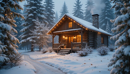 Cozy log cabin with warm glowing lights nestled in a snowy winter forest scene.