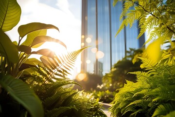 Vibrant green foliage bathed in warm sunlight with a modern glass building reflecting the sky in the background