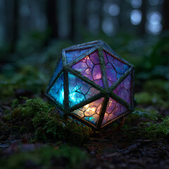 Magical Glowing Geometric Orb in Misty Forest, Colourful Light Sphere on Mossy Ground