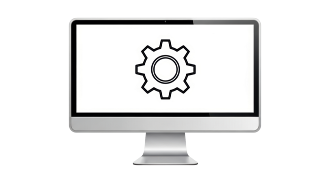 Isolated desktop computer featuring a gear icon in the center of the display screen image