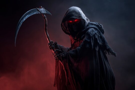 Grim Reaper in Hood with Scythe against Red Mist