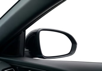 Car side view mirror with a blank white screen for mockup or copy space. Isolated on transparent background, png