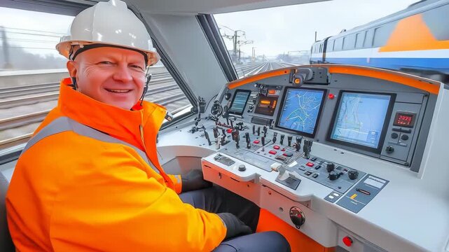 selective focus professional train engineer in the locomotive cabin