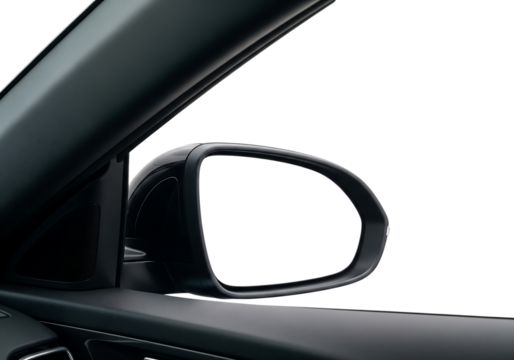 Car side view mirror with a blank white screen for mockup or copy space. Isolated on transparent background, png