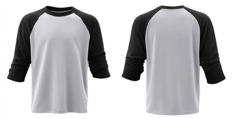 Front and back view of a light gray, crew-neck, 3/4 sleeve t-shirt with black raglan sleeves