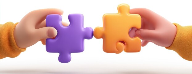 Cartoon hands hold puzzle pieces, purple and orange, against white background