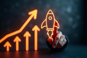 Hand launching a glowing rocket icon next to an upward trending graph symbolizing business growth and success