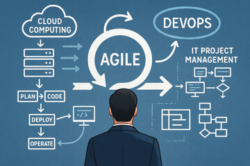 Man viewing a diagram of Agile and Dev Ops IT project management with cloud computing businessman suit