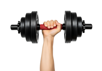 Hand holding a heavy black dumbbell, representing fitness and strength training. Isolated on transparent background, png