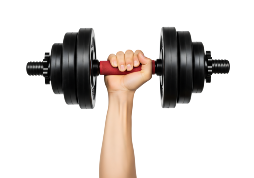 Hand holding a heavy black dumbbell, representing fitness and strength training. Isolated on transparent background, png