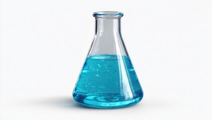 Clear glass conical flask, filled with light teal liquid,  isolated on white background