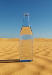 Bottle of water in a desert under a bright blue sky. Perfect for hydration, travel, sustainability, climate change, and environmental themes.
