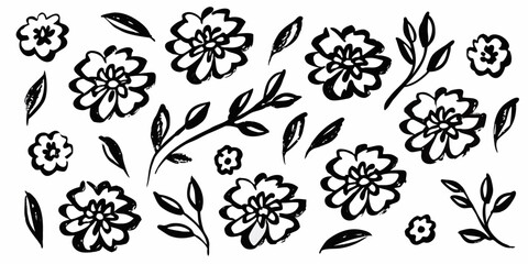 Fototapeta premium Hand-drawn black ink doodles of simple flowers.