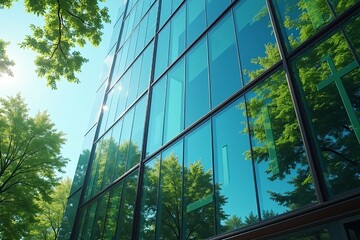 Modern glass building reflecting lush green trees and bright blue sky on a sunny day